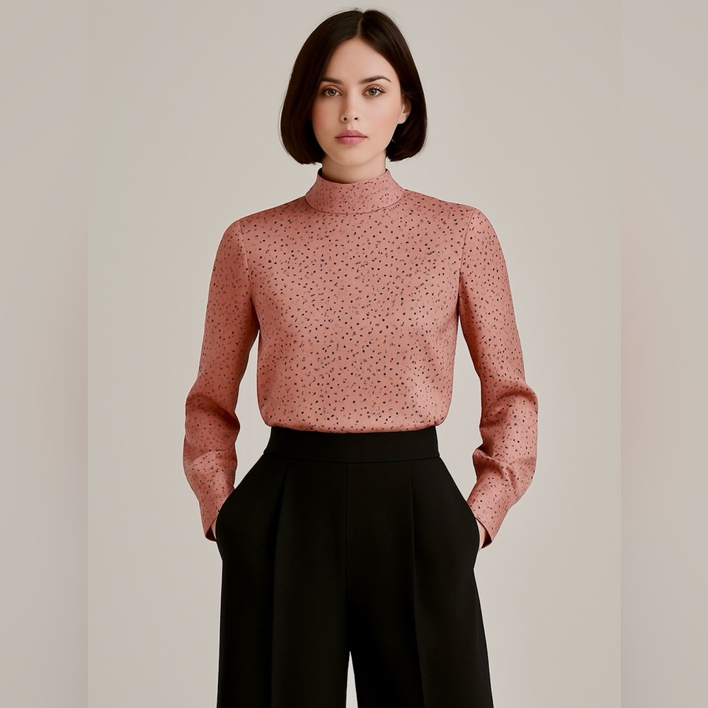 Missguided Roll Neck Hidden Long Sleeve Silky Rose Gold Black Dots blouse Size 6